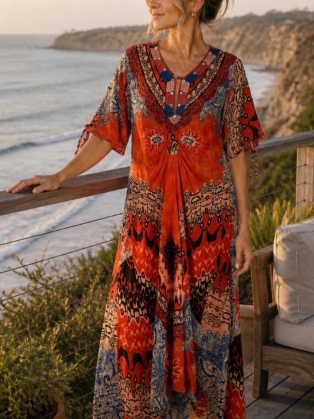 Positano Boho V-Neck Beaded Orange Printed Maxi Dress Tribal Shark Kaftan Sz L